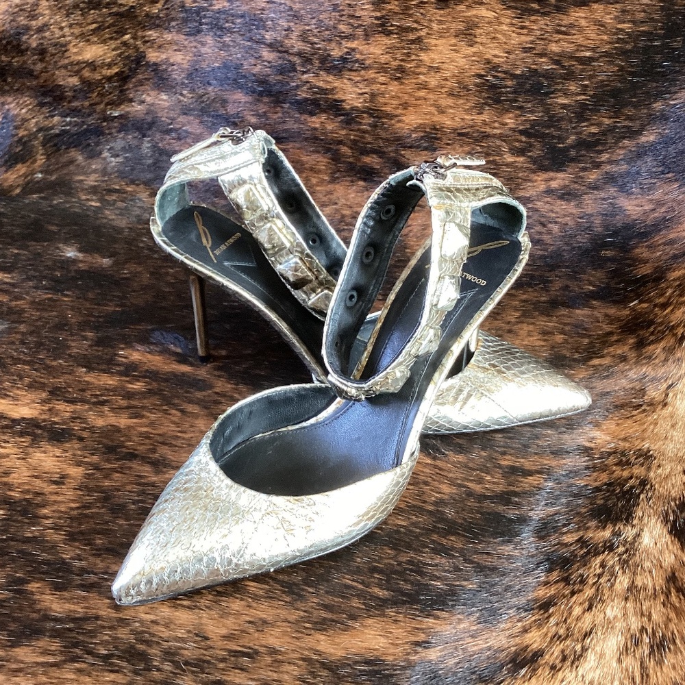 Brian Atwood Mercada Metallic Leather Snakeskin Pointy Toe Ankle Strap Heels